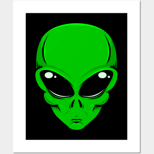 Green alien head with big black eyes Posters and Art